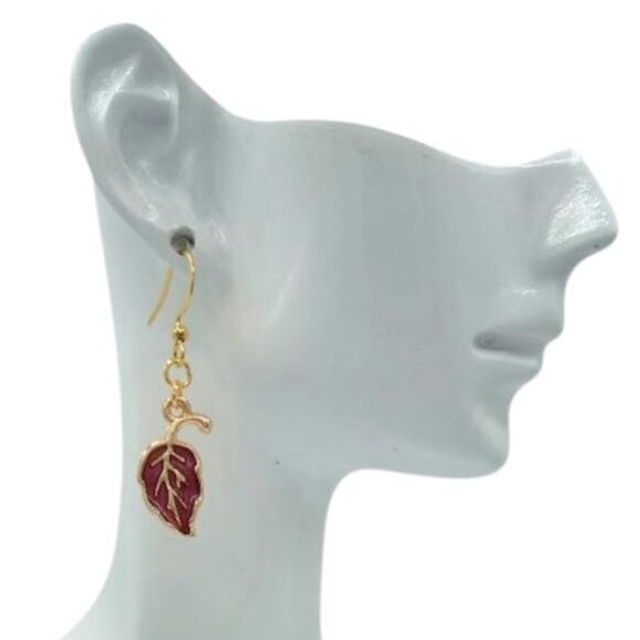 Burgundy Fall Leaf Earrings Autumn Jewelry Cozy Vibes - Picture 2 of 3
